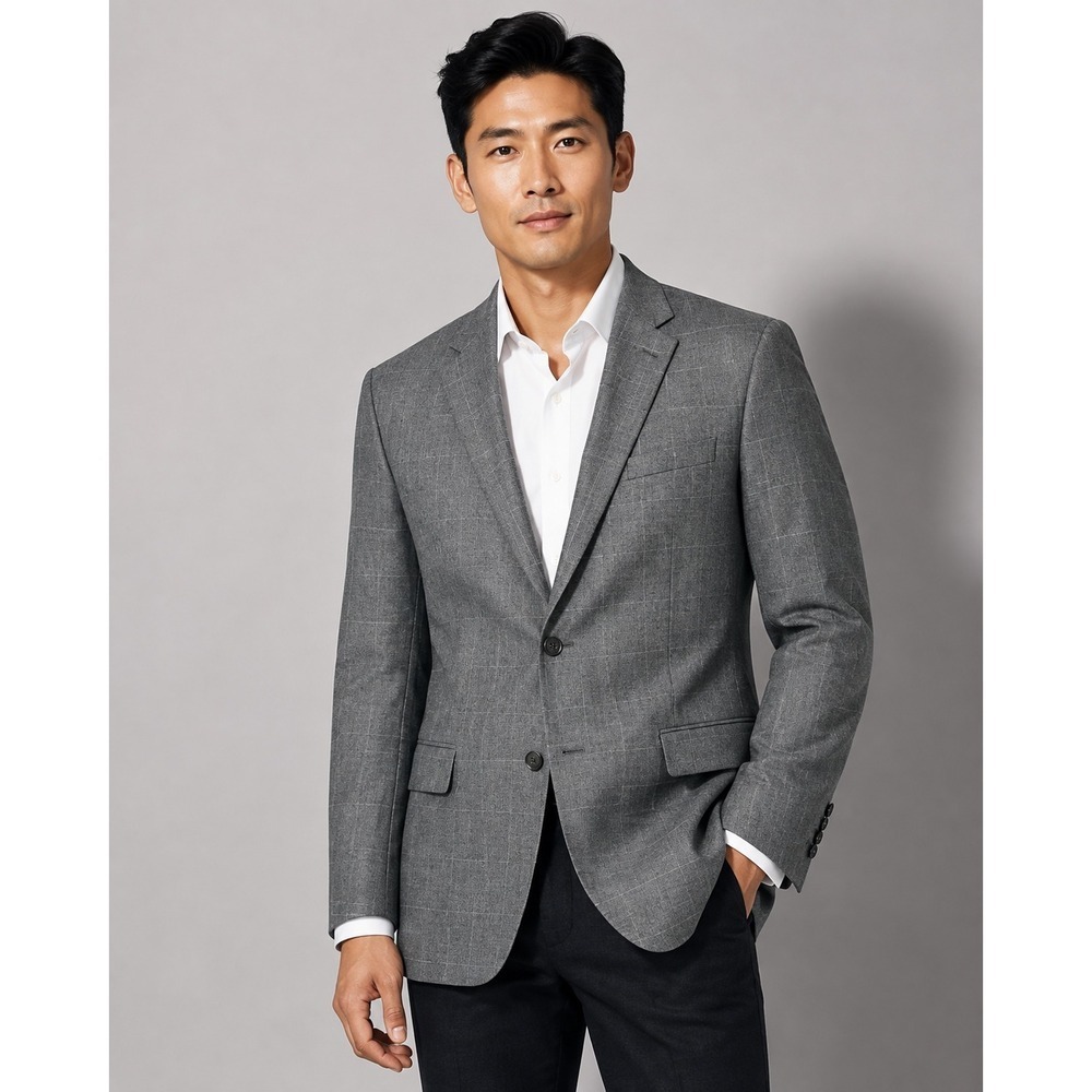 Jos. A. Bank Travelers Collection Grey Windowpane Wool Blazer 46R Tailored Fit